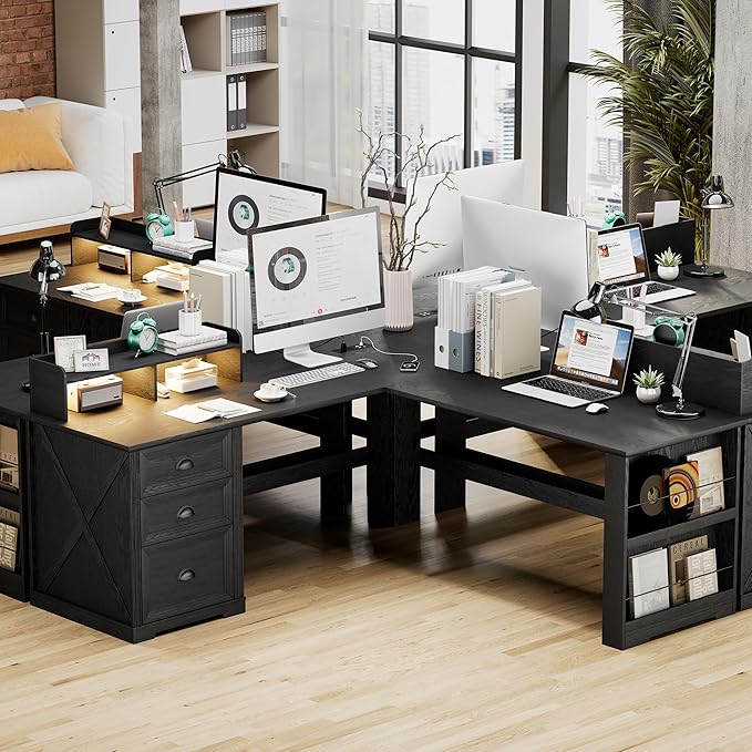 Executive L Shaped Desk with Monitor Stand 59 inch Farmhouse Corner Computer Desk with Power Outlets &amp LED Lights Home Office Desk with File Cabinet for Working Gaming Writing Black
