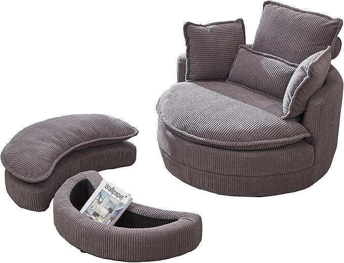 Modern Swivel Chair 38 W Oversized Swivel Chair with Moon Storage Ottoman Accent Round Loveseat Circle Swivel Barrel Chairs with 4 Pillows Cuddle Sofa Chair Lounger Armchair (Grey * 99)