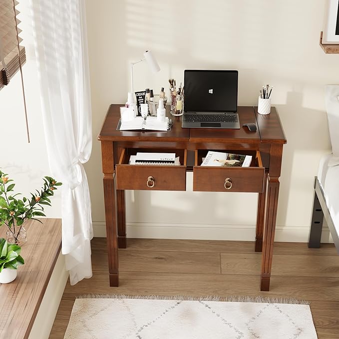 LEEMTORIG 31.5 Solid Wood Small Vanity Desk with Flip-top Mirror Compact Wooden Writing Desk with Drawers 3 in 1 Secretary Desk/Dressing Table/Nightstand for Small Space Cherry Walnut SZT-D0036