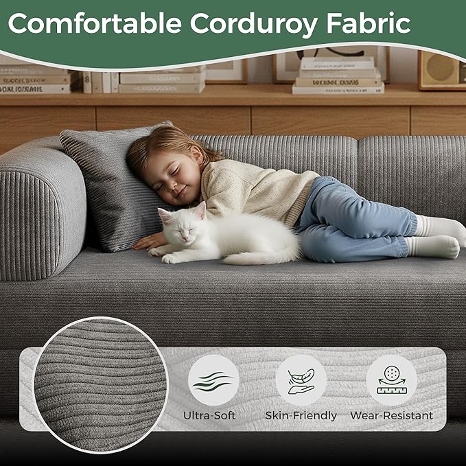 78.5'' Convertible Folding Sofa Bed – 4-in-1 Modular Floor Couch Corduroy Small Cloud Couch Compressed Foldable Sleeper Sofa King Size Futon for Bedroom Guest Room (Grey (Dark))