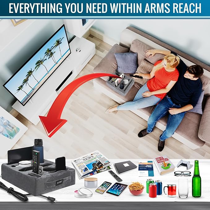 Couch Cup Holder &amp Organizer with USB Charging Ports – Sofa Caddy for Drinks Remotes Snacks &amp More – Perfect Couch Accessory with Anti-Slip Design