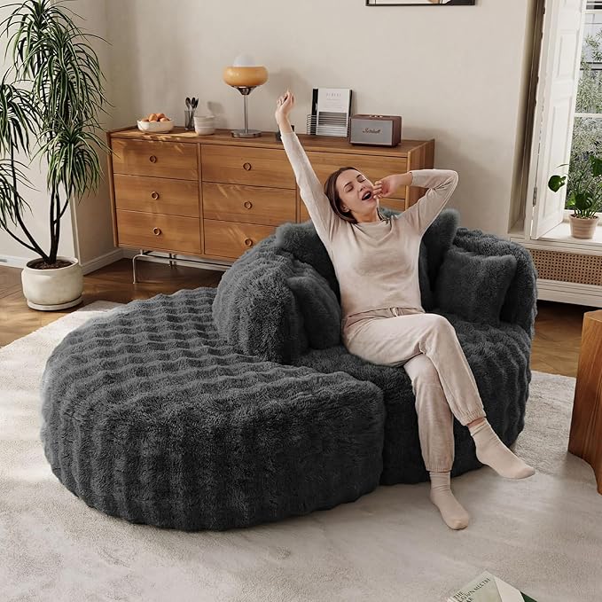 55 Oversized Chaise Lounge Indoor Round Reading Chair Lounge Chair with Ottoman Boneless Sofa Bed Large Fluffy Plush Faux Fur Chaise Chair for Living Room Playroom Bedroom Grey