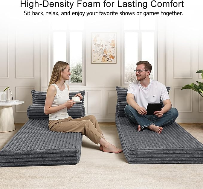 MeMoreCool Convertible Sofa Bed Folding Floor Couch Bed Queen Pull Out Sleeper Couch with Pillows Fold Out Futon Sofa for Bedroom Living Room Small Space Corduroy Grey