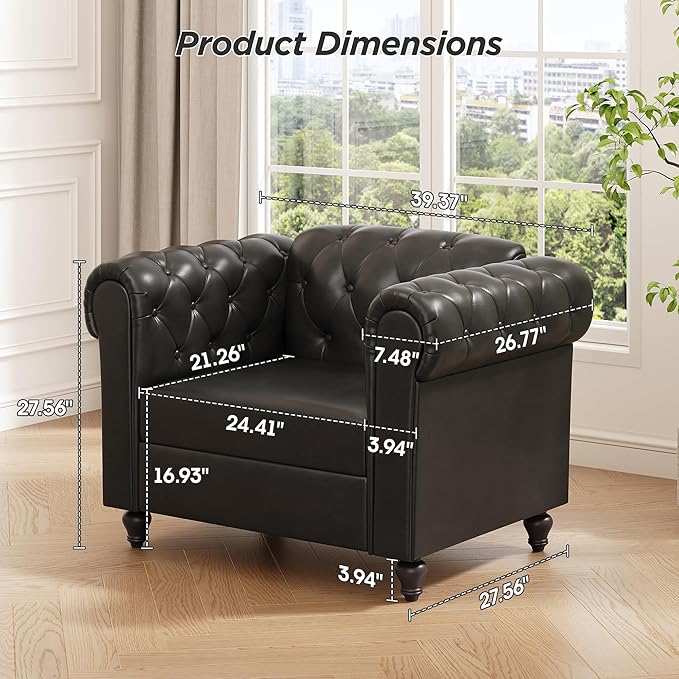 Black Faux Leather Accent Chairs Button-Tufted Upholstered Club Chair Retro Armchairs Mid Century Modern Accent Chair with Solid Wood Legs Cozy Chesterfield Couch Chairs for Living Room Bedroom