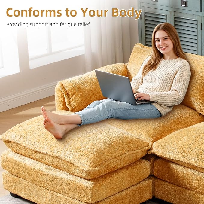 GNIXUU 112 Oversized Sectional Sofa Cloud Couch for Living Room Modern Chenille L Shaped Couch Comfy Boucle Modular Sofa Sleeper with Moveable Ottoman &amp Memory Foam(Musterd Yellow)