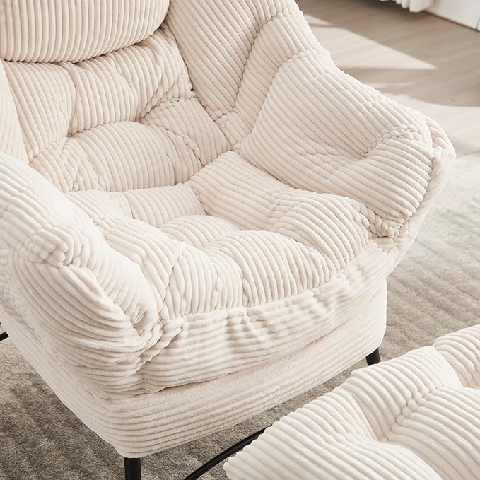 31.5 Lazy Chair1 OttomanLeisure Upholstered Sofa ChairModern Reading ChairLounge Accent Chair with Side Pocket for Small ApartmentLiving RoomBedroomOfficeWhite