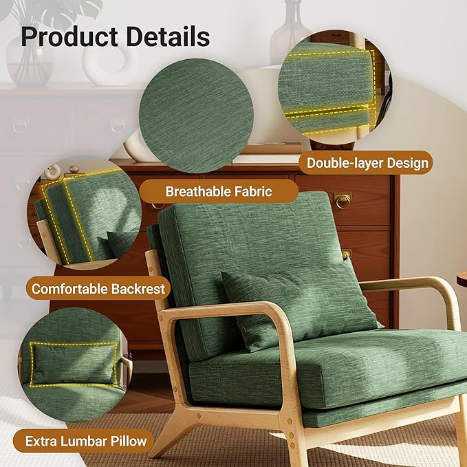 Claiks Mid-Century Modern Accent Chair Living Room Armchair with Solid Wood Frame &amp Lumbar Pillow Comfy Upholstered Lounge Chair for Bedroom Office Linen-Like Fabric Green