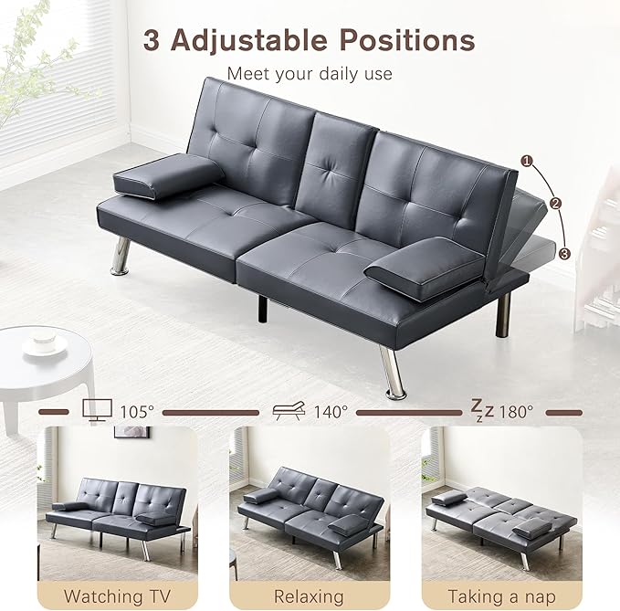 Convertible Futon Sofa BedPU Leather Modern Couch Loveseat Sleeper Folding Daybed Guest Bed Removable Armrests 2 Cup Holders Metal Legs (Gray)