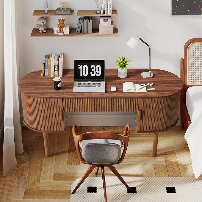 ORRD Home Office Oval Desk with Sliding Tambour Door and Drawer Modern Fluted Wood Executive Computer Storage Desk for Study Living Room Bedroom Office - Walnut