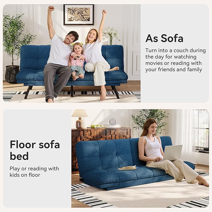 Vipbear 71 Convertible Futon Sofa BedLinen Fabric Futon Couch with Detachable CushionAdjustable Backrest &amp ArmrestModern Loveseat Sleeper Recliner for Living RoomOfficeApartmentRetro Blue