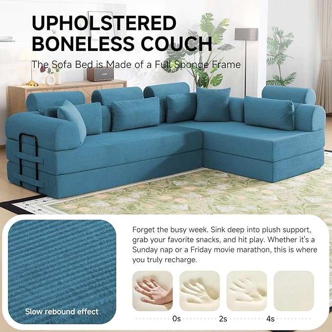 106” Cloud Sectional Couch L-Shaped Sofa with Right Facing Chaise Corduroy Boneless Couches Compressed Modular Sectional Sofa with Deep Seat High Backrest Headrest (Azure)