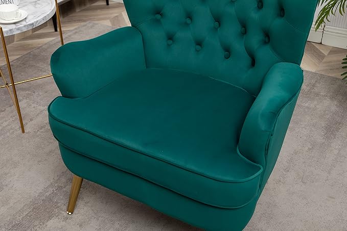 Living Room Chairs Button Tufted Accent Chairs Comfy Bedroom Chair Velvet Side Sitting Chairs Modern Fabric Sofa Slipper Chair for Reading Dark Green