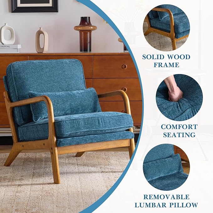 Karl home Mid Century Modern Accent Chair with Lumbar Pillow &amp Oak Arms – Plush Chenille Living Room Chair for Bedroom Lounge (Blue)