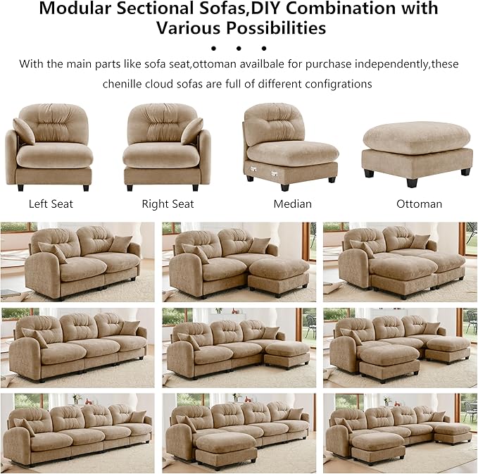 mikibama 140 Chenille Cloud Sofa 4 Seater Couch with OttomansModern Modular Sectional U-Shaped Cloud Sofas with Deep SeatU Shape Couch with Chaise LoungesCurved Arms for Living Room(Camel4S+2O)