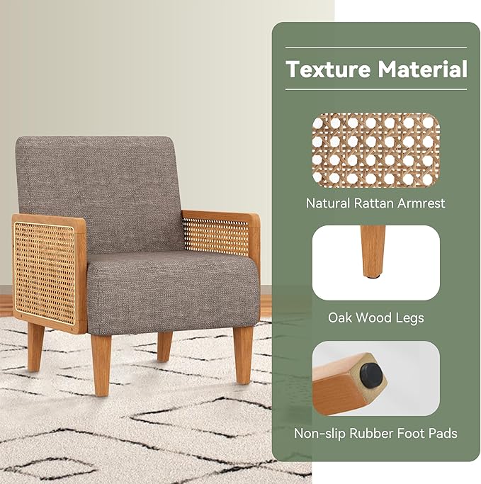 Accent Chair Mid Century Modern Living Room Chairs Rattan Armrest Upholstered Armchair with Solid Wood Legs Bedroom Reading Chair Taupe