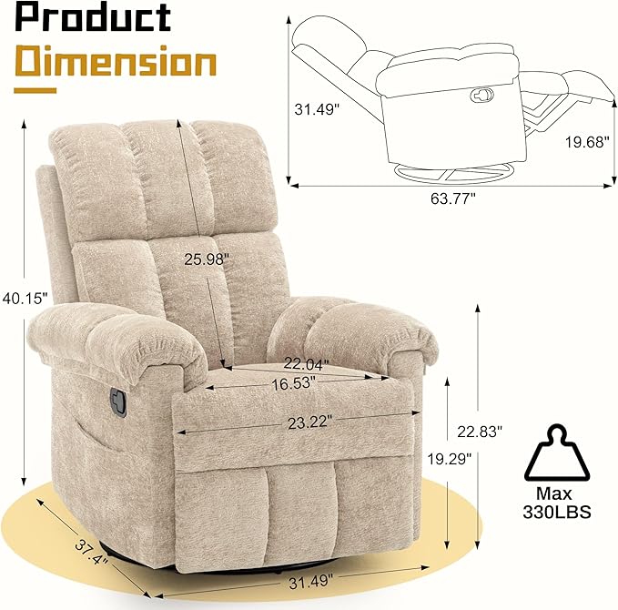 Recliner Chair Swivel Rocker Recliner Chair for Adults Small Recliners for Small Spaces Manual Recliner with Side Pockets Upholstered Nursery Rocking Chair for Living Room Chenille Khaki