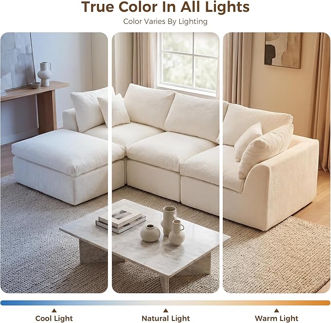 108 Cloud Sectional Couches with 1 Extra Washable Cover L Shaped 25.6 Deep Seat Couch with Ottoman Oversized Comfy Living Room Sofa DIY Color Refresh (White Sofa + Gray Cover Set)