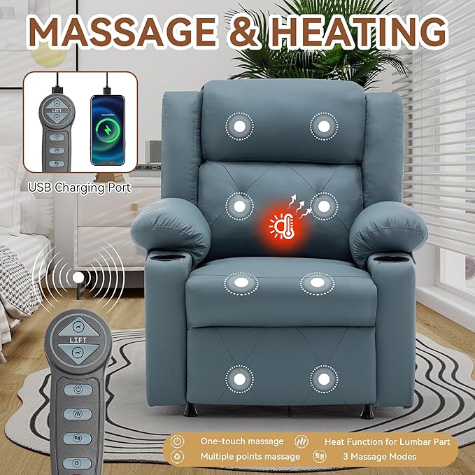 Aklaus Recliner Chair with Foldable Side Table Massage and Heat Reclining Chair Home Theater Seating Reclining Sofa with Side Pockets Cup Holders for Living Room BedroomBlue