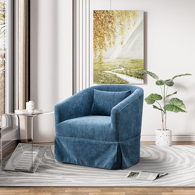 Swivel Accent Chair Set of 2 Comfy Modern Swivel Barrel Chair with Skirt 360°Upholstered Chenille Small Single Sofa Club Armchair for Living Room Bedroom Nursery Lounge Blue