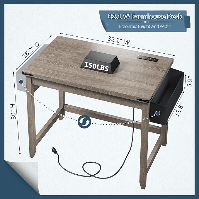 EnHomee 32 Small Desk Thickened &amp Reinforced with Power Outlet Sturdy Computer Desk with Storage Bag DetachableAffordable Luxury Home Office Desk and Writing Desk for Small SpacesAsh Gray
