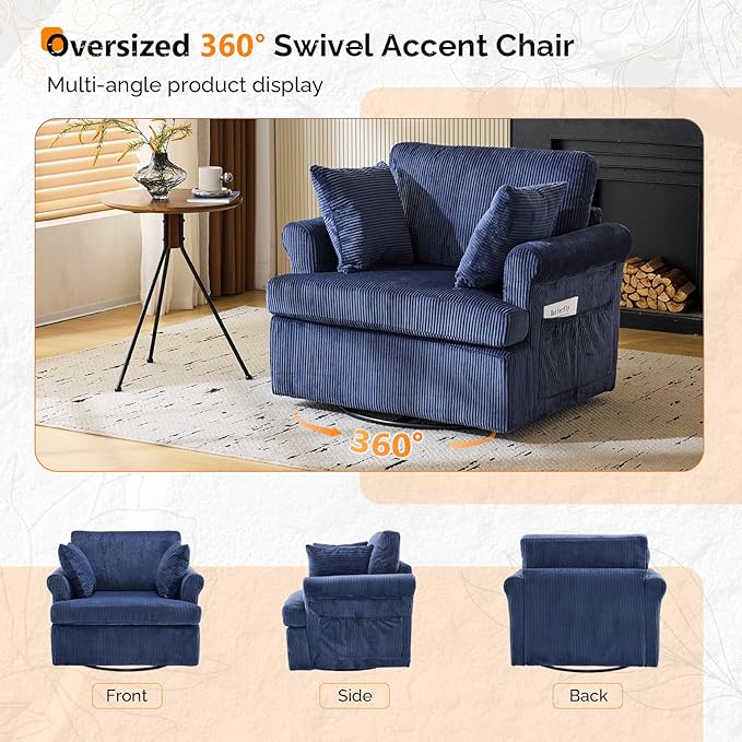 VINGL 39.2 Wide 360° Swivel Accent Armchair with 2 Pillows Oversized Single Sofa Chair and a Half with Side Pockets and Wide armrest for Living Room Bedroom Reading Room Corduroy Blue