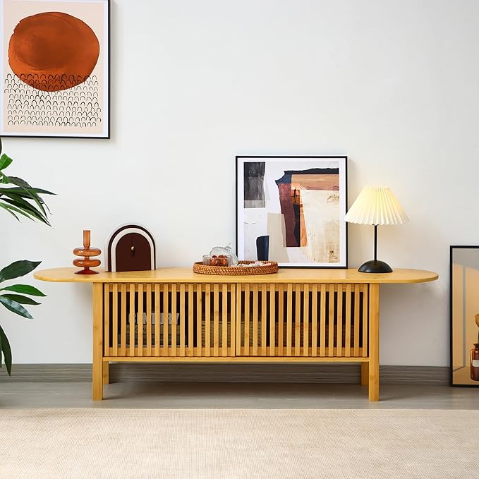Bamboo TV Stand for TVs up to 65 Accent Entertainment Center with Storage Media Console Table with Fence Door Modern TV Stand for Living Room Bedroom 55(L) Burlywood