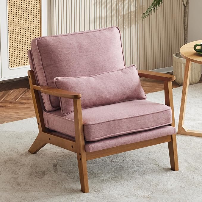 Karl home Accent Chair Wide Armrest Mid-Century Lounge Chair Linen Fabric Armchair with Lumbar Pillow &amp Solid Wood Frame for Living Room Bedroom Balcony Pink