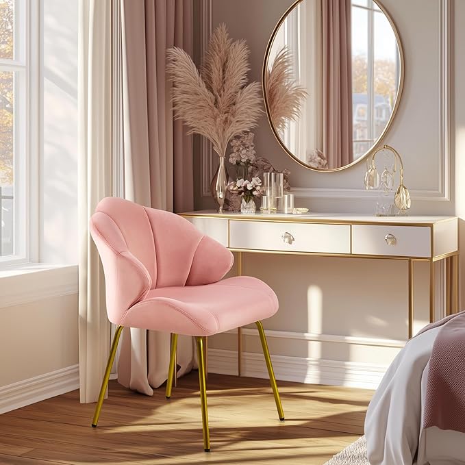 Yaheetech Vanity Chair Velvet Accent Chair with Shell-Shaped Backrest Modern Armchair with Gold Metal Legs for Dressing Room/Bedroom/Living Room Pink
