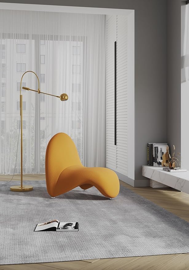 Manhattan Comfort MoMa Modern Abstract Lounge Accent Chair Sculptural Tongue Design Wool Blend Upholstery Metal Frame with Geometric Legs Fully Assembled Set of 2 Yellow