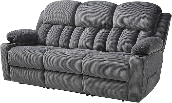 VanAcc Recliner Couch 3 Seater Sofa Recliner with Cup Holders for Living Room- 85 inch Comfy Couch with Dual Wingback Recliner Grey Oversized Recliner