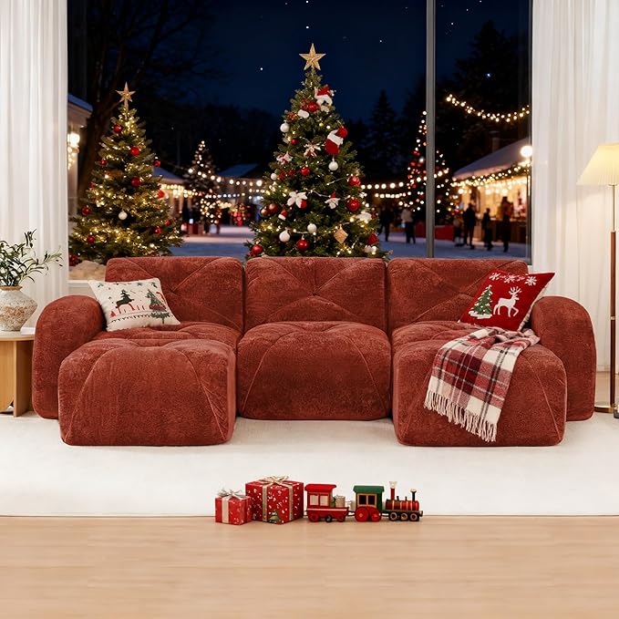 Boneless Couch Modular Sectional Sofa 110.6 U Shaped Sectional Couches for Living Room 3 Seater Cloud Couch with Ottoman Retro Velvet Floor Sofa for Bedroom No Assembly RequiredRed-Brown