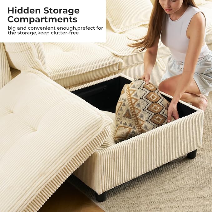 133 Modular Sectional Sofa L-Shaped Corduroy Comfy Sectional Couches for Living Room 3-Seater Cloud Couches with 1 Ottoman Modern Deep Seat Sofa with Large Storage Corduroy Beige
