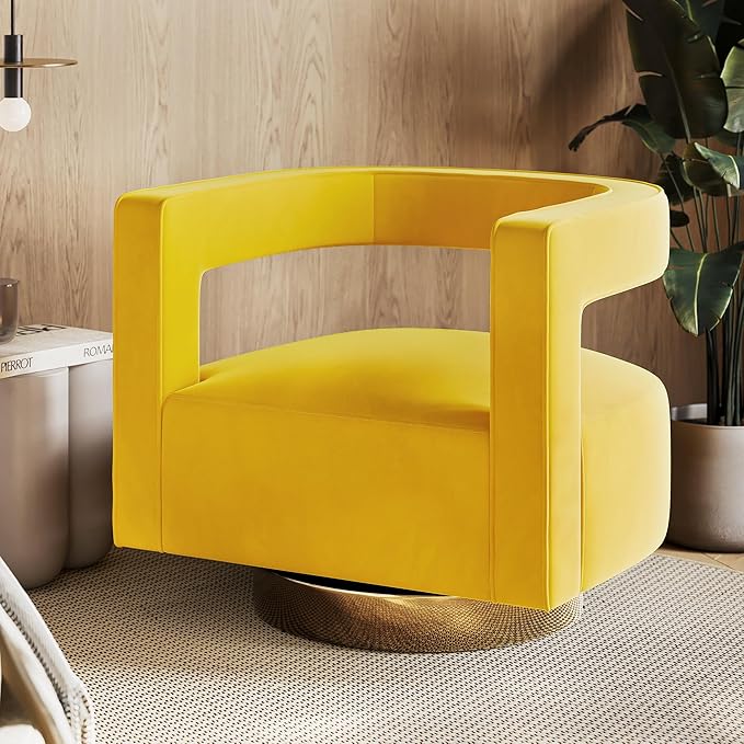 BELLEZE Swivel Barrel Accent Chair Set of 2 Modern Upholstered Arm Comfy Velvet Curved Back Round Chair with Gold Base Wood Frame 360 Degree for Living Room Bedroom OfficeYellow
