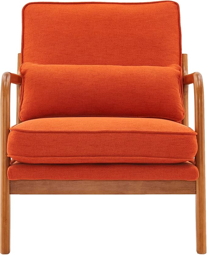 Mid Century Modern Accent Chair with Wood Frame Upholstered Living Room Chairs with Waist Cushion Reading Armchair for Bedroom Sunroom (Orange)