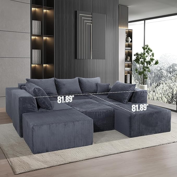 155 Oversized Cloud Boneless Couches for Living Room U-Shaped Modular Sectional Sofa with Deep Seat 8 Seater Boneless Couch with Ottoman &amp Pillows Corduroy DIY Combination Modular Couch Grey