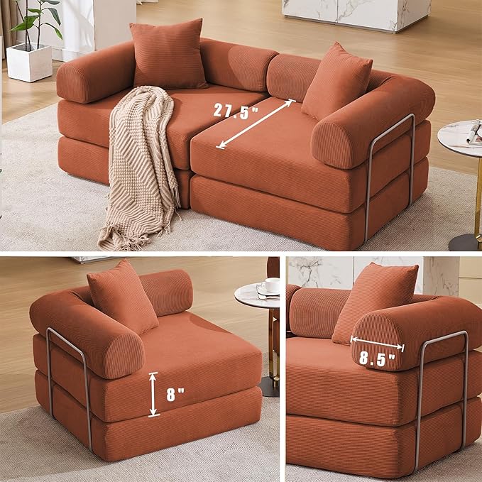 Convertible Modular Couch Sofa Bed 4 in 1 Sleeper Floor Sofa with Folding Mattress Corduroy Fold Out Boneless Couch Bed with 2 Pillows Comfy Foldable Lounge for Living Room Bedroom Orange
