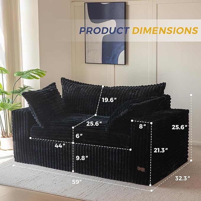 MAXYOYO 59 Bean Bag Sofa Couch Loveseat Boneless Couch in a Box Upholstered Small Mini Sofa with Deep Seating for Living Room Bedroom Office Apartment No Assembly Black