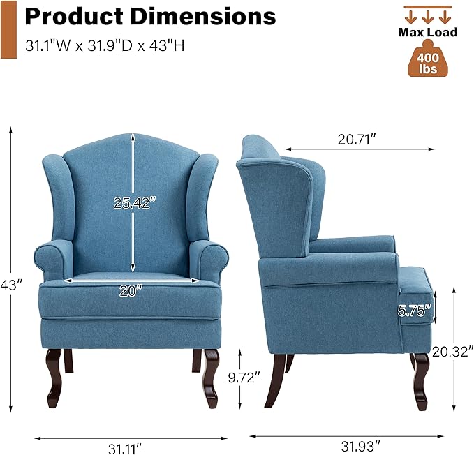 High Back Accent Chairs Set of 2 Comfy Upholstered Fabric Armchair for Living Room Mid Century Modern Club Accent Chair with Solid Wood Legs Single Sofa Reading Chair for Bedroom Sky Blue