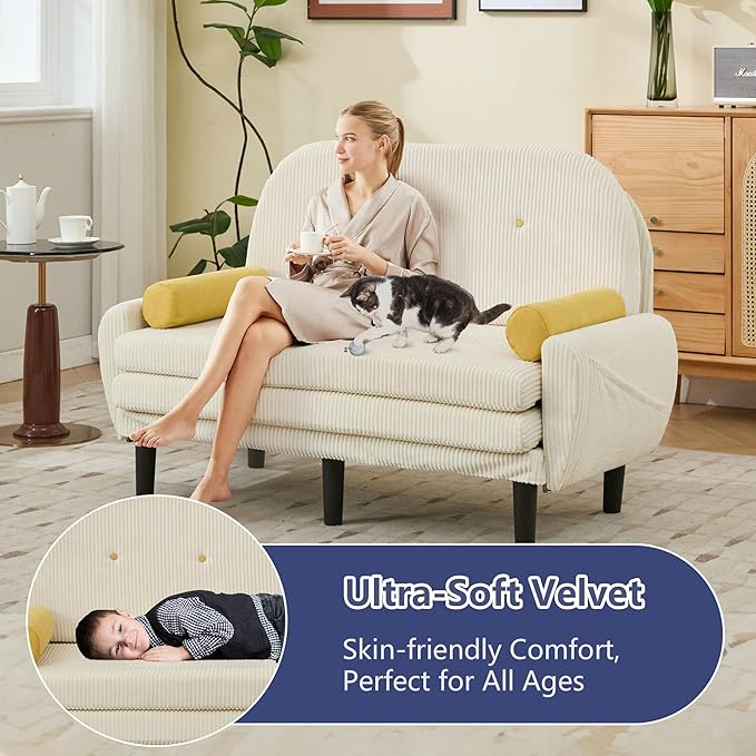 Convertible Sofa Bed 3 in 1 Pull Out Couch Futon Loveseat Sleeper with Adjustable Backrest Removable Armrests Side Pockets &amp USB Charging for Living Room Apartment Small Space (Ivory)