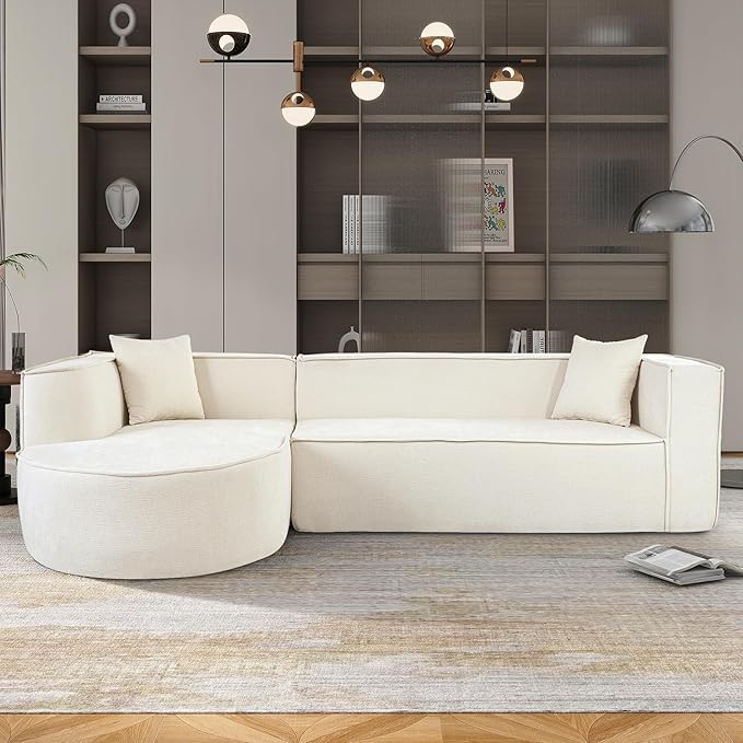 Modern Modular L-Shape Sectional Sofa Couch with Curved Design and Two Throw Pillowsfor Living Room Apartment Study Office (Beige@Curved)