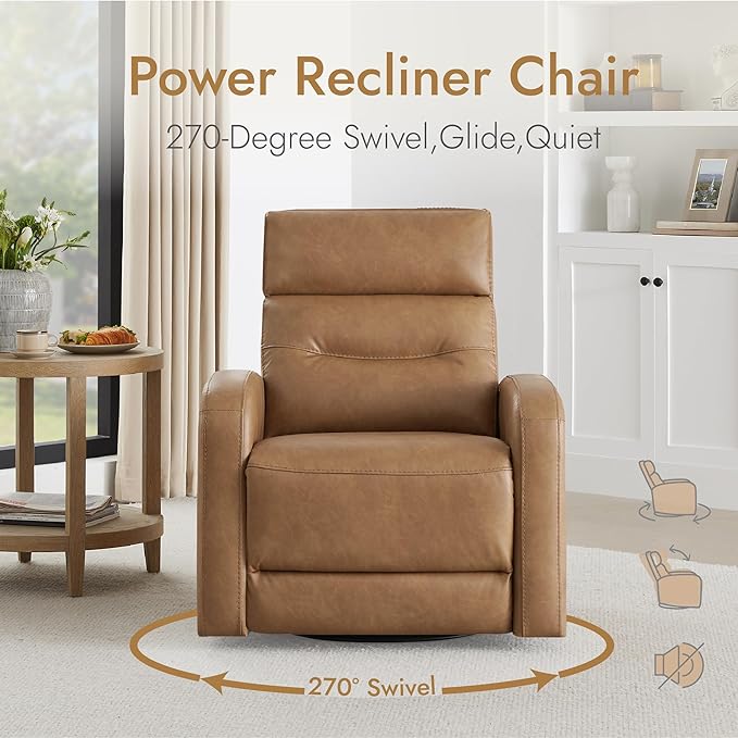 Watson &amp Whitely Swivel Power Recliner Glider Rocker Small Recliner with Charging Port for Living Room Faux Leather in Camel