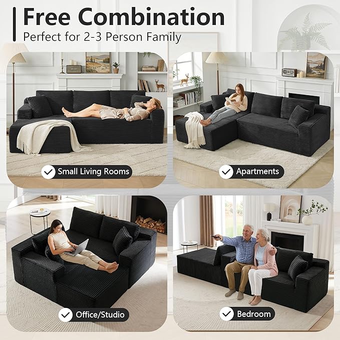 KIVENJAJA 103 Black Boneless Couches for Living Room L-Shaped Cloud Sectional Sofa with Chaise Corduroy Foam Compression Modular Set for Apartment Home Office No Assembly Required