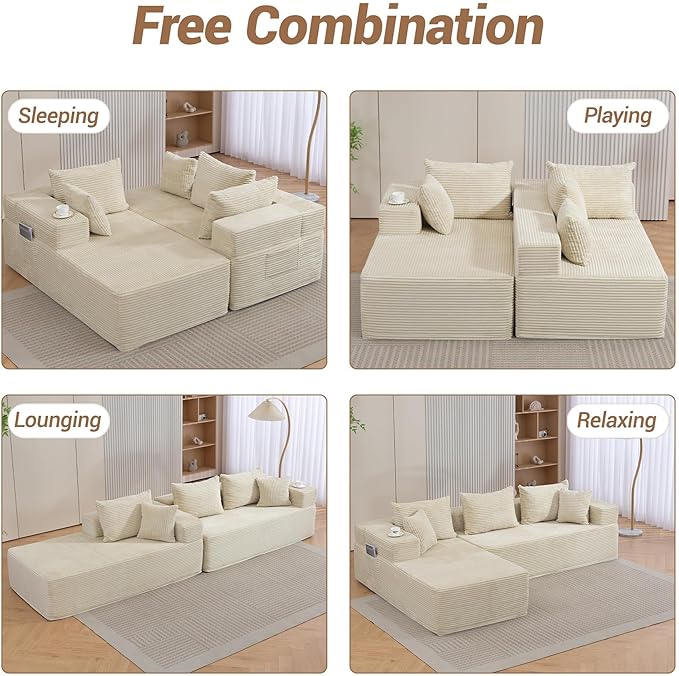 105'' Cloud Sectional Couch Modular L-Shaped Boneless Sectional Sofa Corduroy Deep Seat Couch Small Space Sofas for Living Room Bedroom Apartment No Assembly Beige