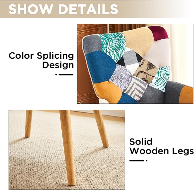 Accent Chair Living Room Chair Modern High Back Armchair Colorful Patchwork Reading Chairs for Bedroom Lounge Chair with Linen Fabric Shell and Solid Wood Feets (1 Colorful)