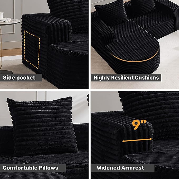 Boneless Cloud Couch Modular Sectional Sofa L-Shape with Chaise 102 Soft Faux Fur Deep Seat &amp 3 Pillows &amp 2 Side Pockets for Living Room Bedroom (Black Left Chaise)