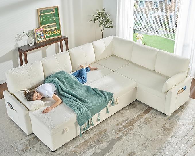 PaPaJet Sofa Bed 112 Inch Sleeper Sofa Oversized U Shaped Couch with Storage Chaise Pull Out Couch for Living Room White Boucle