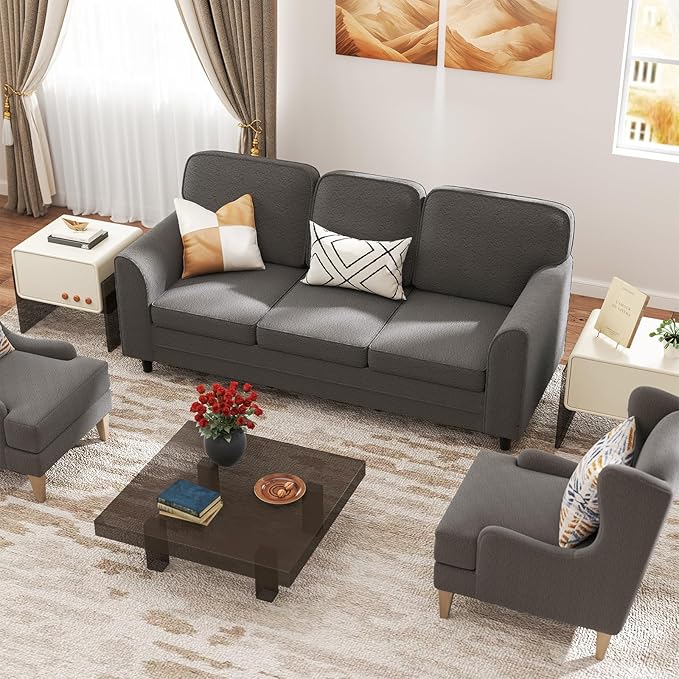Giantex 3 Seater Couch - 79” Mid Century Modern Upholstered Sofa with Armrests Sturdy Legs Teddy Fleece Comfy Couches for Living Room Bedroom Small Space Apartment and Office (Gray)