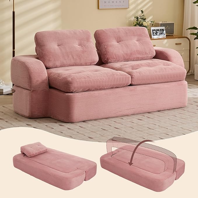 Sofa Bed Couch Convertible Futon Sofa Bed Foldable Boneless Couch No Assembly Love Seat Mattress Sleeper for Living Room Bedroom Apartment Pink
