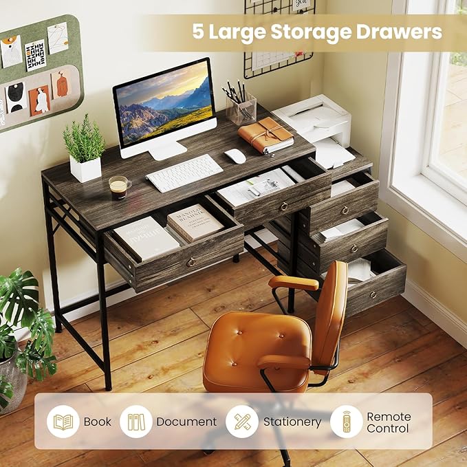 Tangkula Computer Desk with 5 Drawers 51 Home Office Desk with Printer Stand Metal Frame Study Writing Table Industrial Computer Workstation PC Desk for Bedroom Office Small Spaces (Grey)