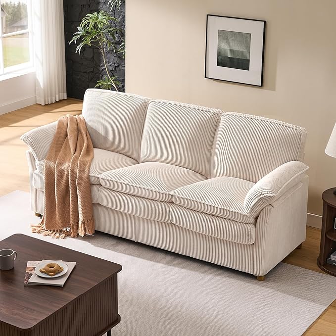 ONBRILL 86.6 Corduroy Couches for Living Room Comfy 3 Seater Sofa with Pillow-Top Armrest &amp Dual-Layer Cushions Mid Century Modern Couch for Bedroom Apartment Beige
